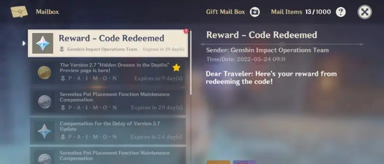 почтовый подарок genshin